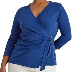 Lauren Ralph Lauren Faux Wrap Stretch Jersey Buckle Blouse Top Blue Size 2X